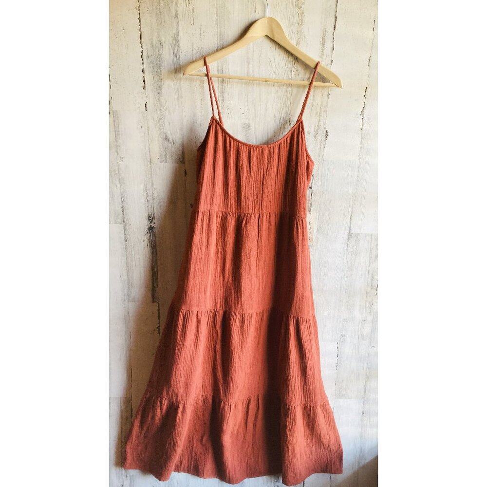 NWT $65 Nine Britton Gauze Maxi Dress Tiered Rust PM Brick Orange-Brown